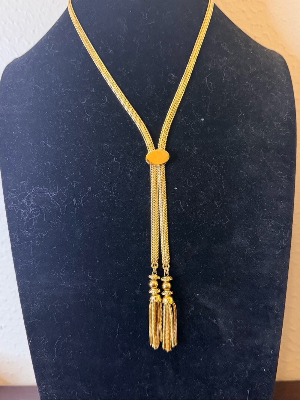 Vintage Monet Gold Tone Tassel Lariat Slide Necklace Immaculate Boho Pamela 70s